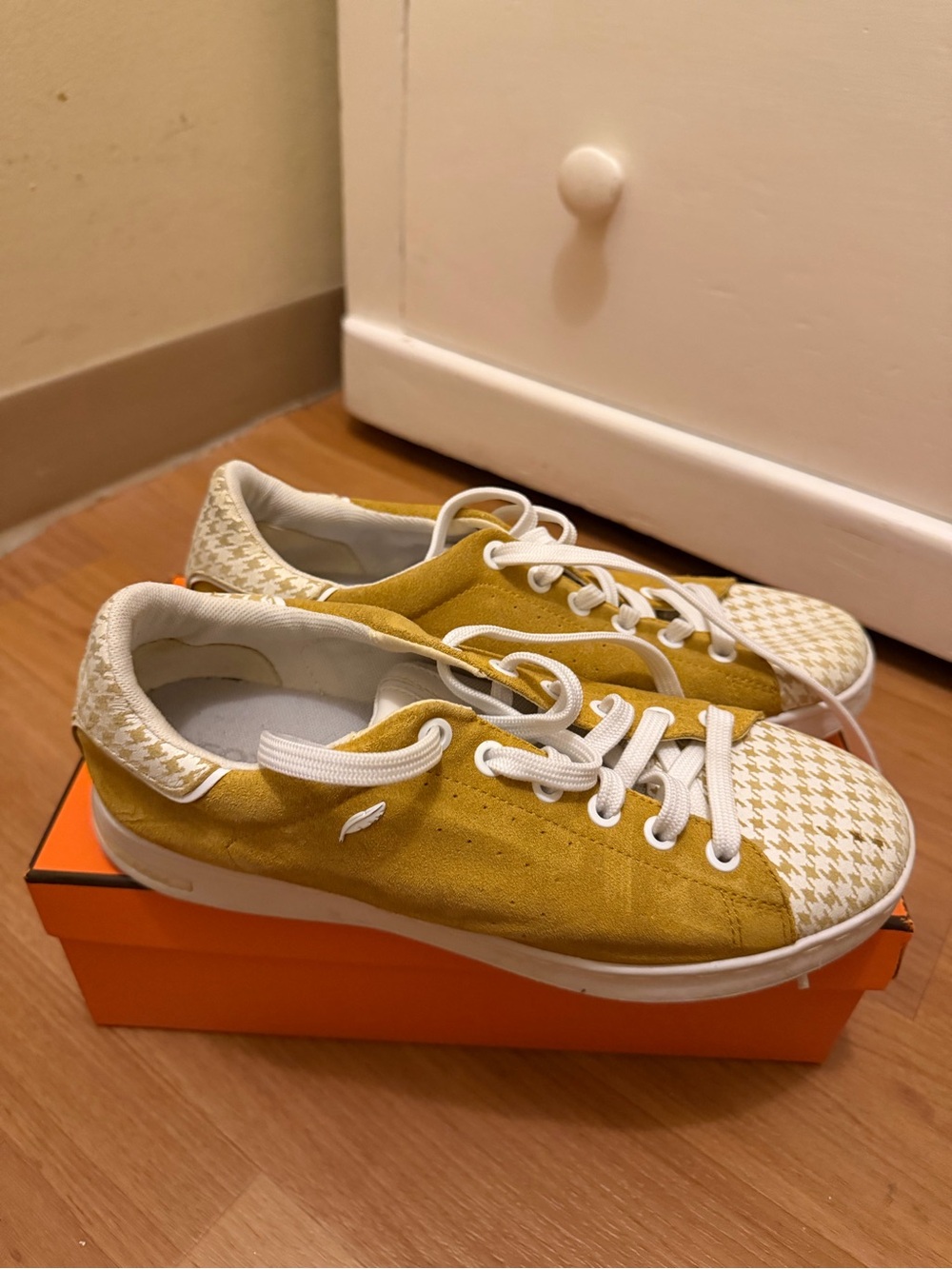 Geox Kids Yellow Suede Sneakers with White Patterned Toe